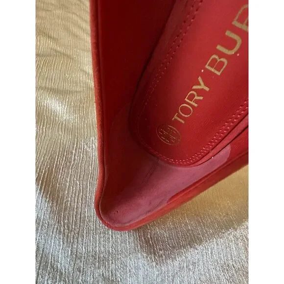 NEW ish Tory Burch Georgia Square Toe Silk Suede Triple Red Ballet Flat Sz 9 Box - Picture 15 of 16